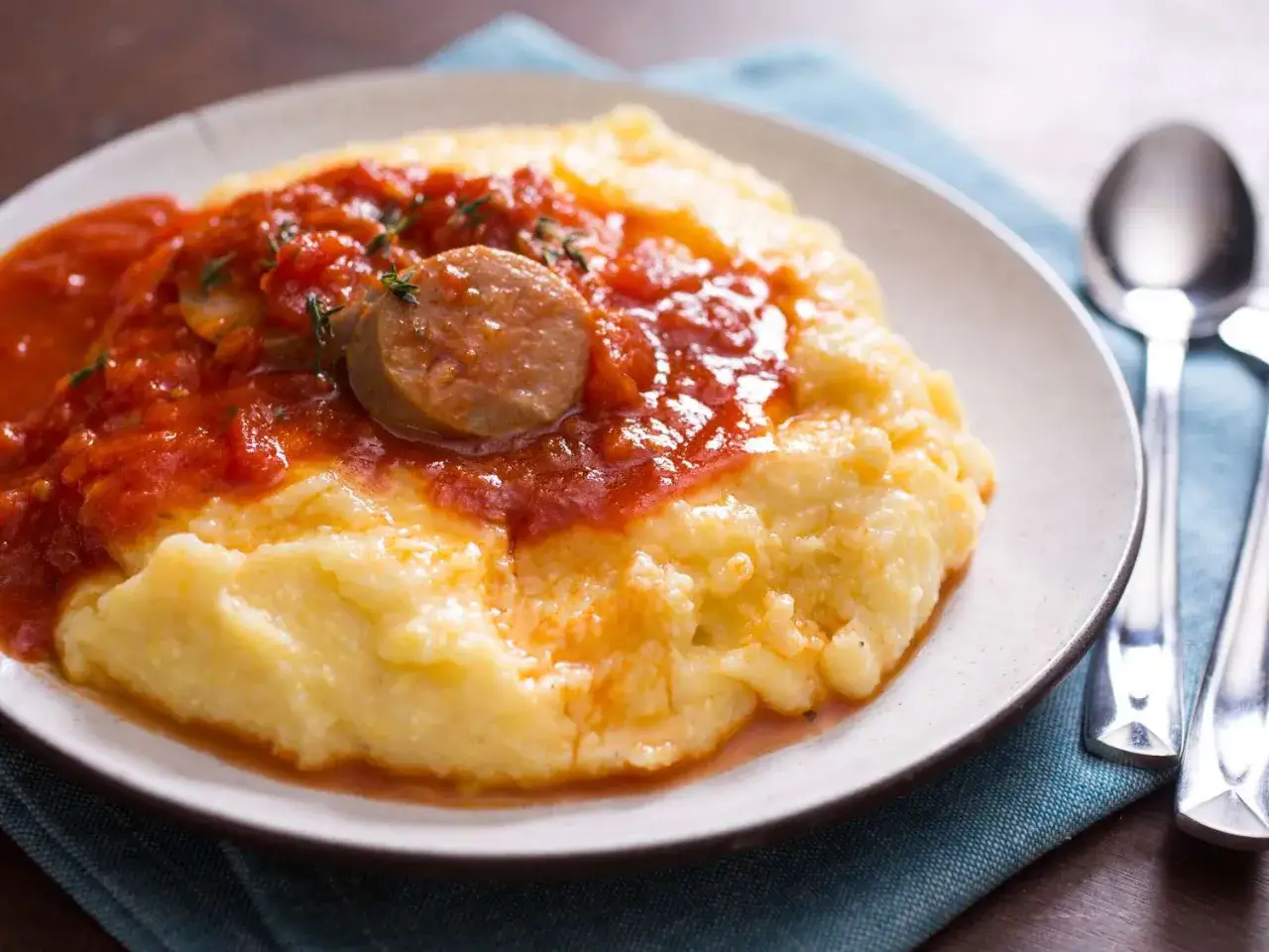 Cremige Polenta mit Tomatensauce und einer Wurstscheibe. So sieht aus, was ist Polenta: ein herzhaftes Maisgericht.