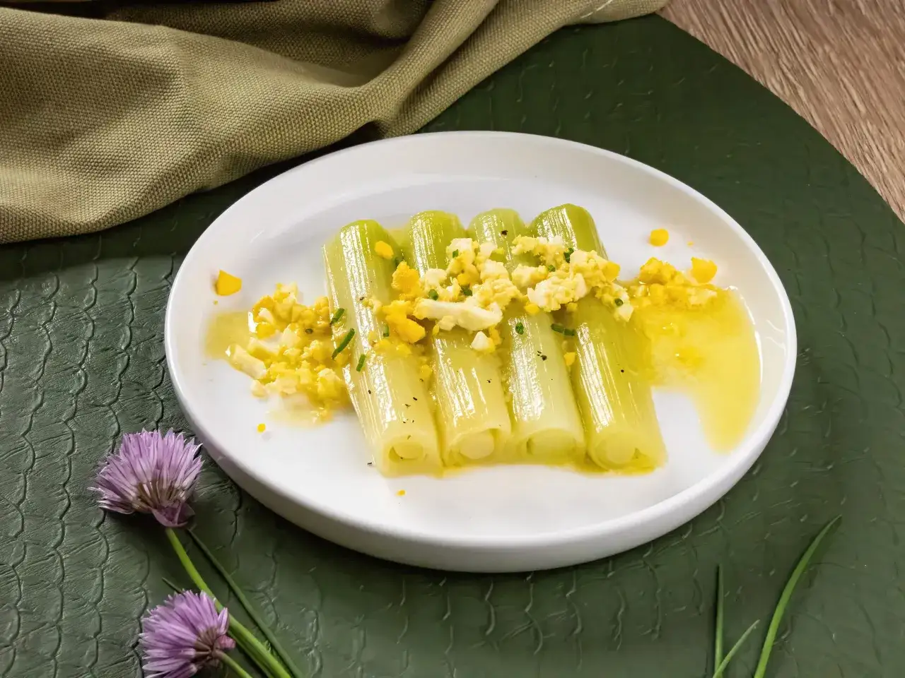 Poireaux vinaigrette servis sur une assiette blanche, parsemés d'œufs durs hachés et de ciboulette. Des fleurs de ciboulette violettes décorent le plat.