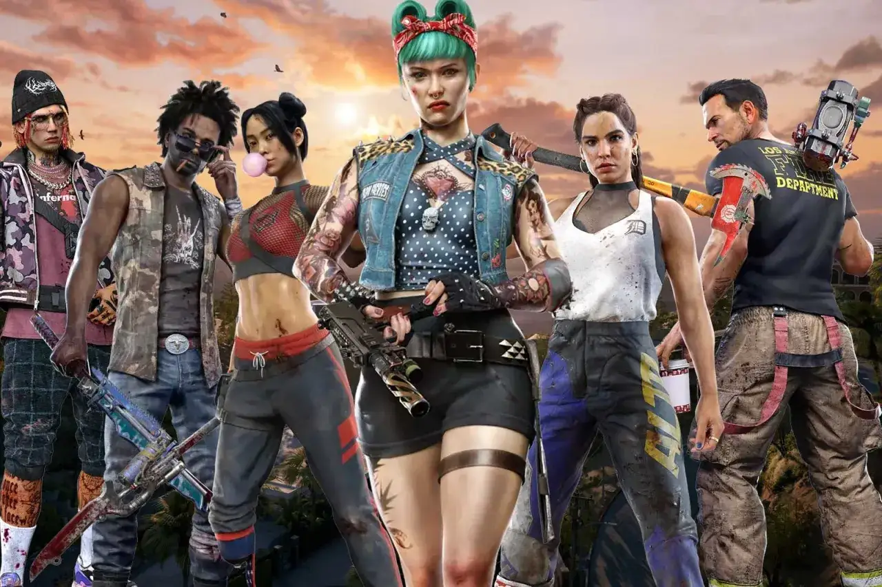 Los personajes de Dead Island 2, un grupo diverso de supervivientes armados, se preparan para la batalla contra los zombis bajo un atardecer apocalíptico.