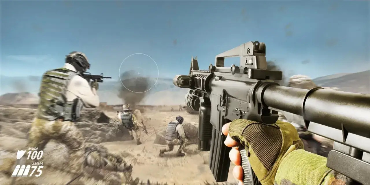 Gracz celuje z karabinu w pustynnej scenerii, walcząc w emocjonujących grach fps. Widać innych żołnierzy i wskaźniki pancerza i amunicji.