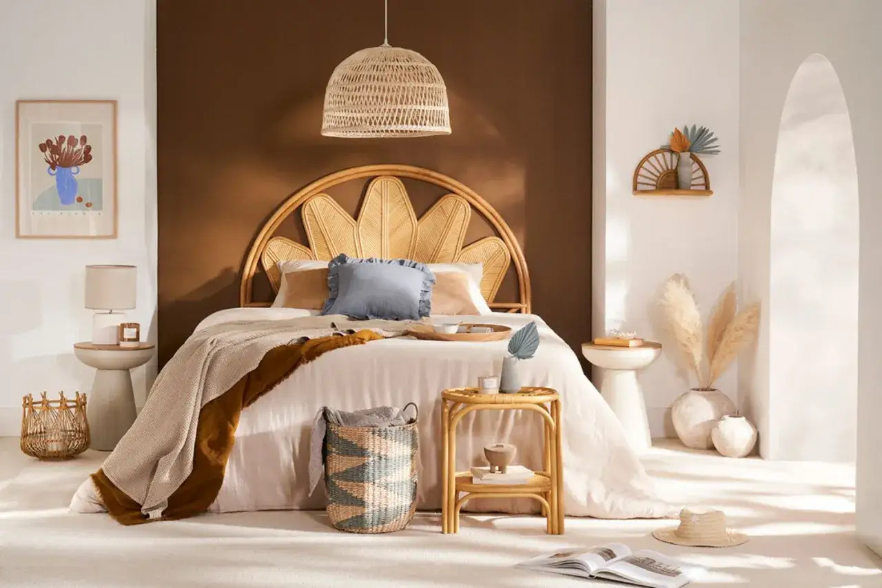 Une chambre d&eacute;co boh&egrave;me avec un lit en rotin, des coussins bleus et une couverture beige. Un panier en osier et une plante s&eacute;ch&eacute;e compl&egrave;tent l'ambiance.