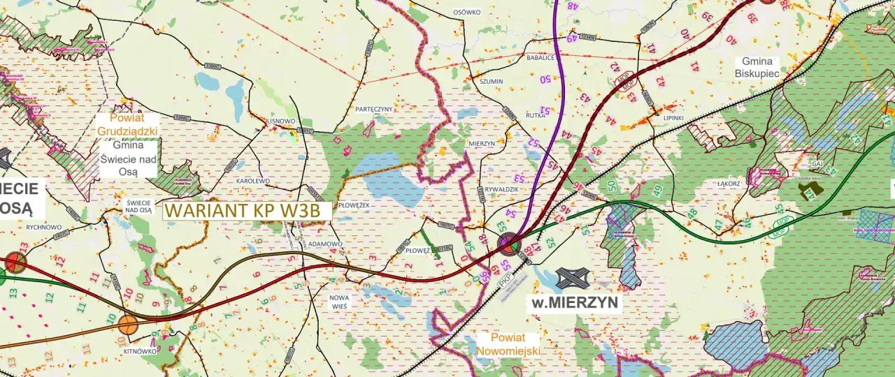 Mapa drogowa wariantu KP W3B, pokazująca przebieg drogi S5 między Grudziądzem a Ostr&oacute;dą, z zaznaczonymi gminami i miejscowościami.