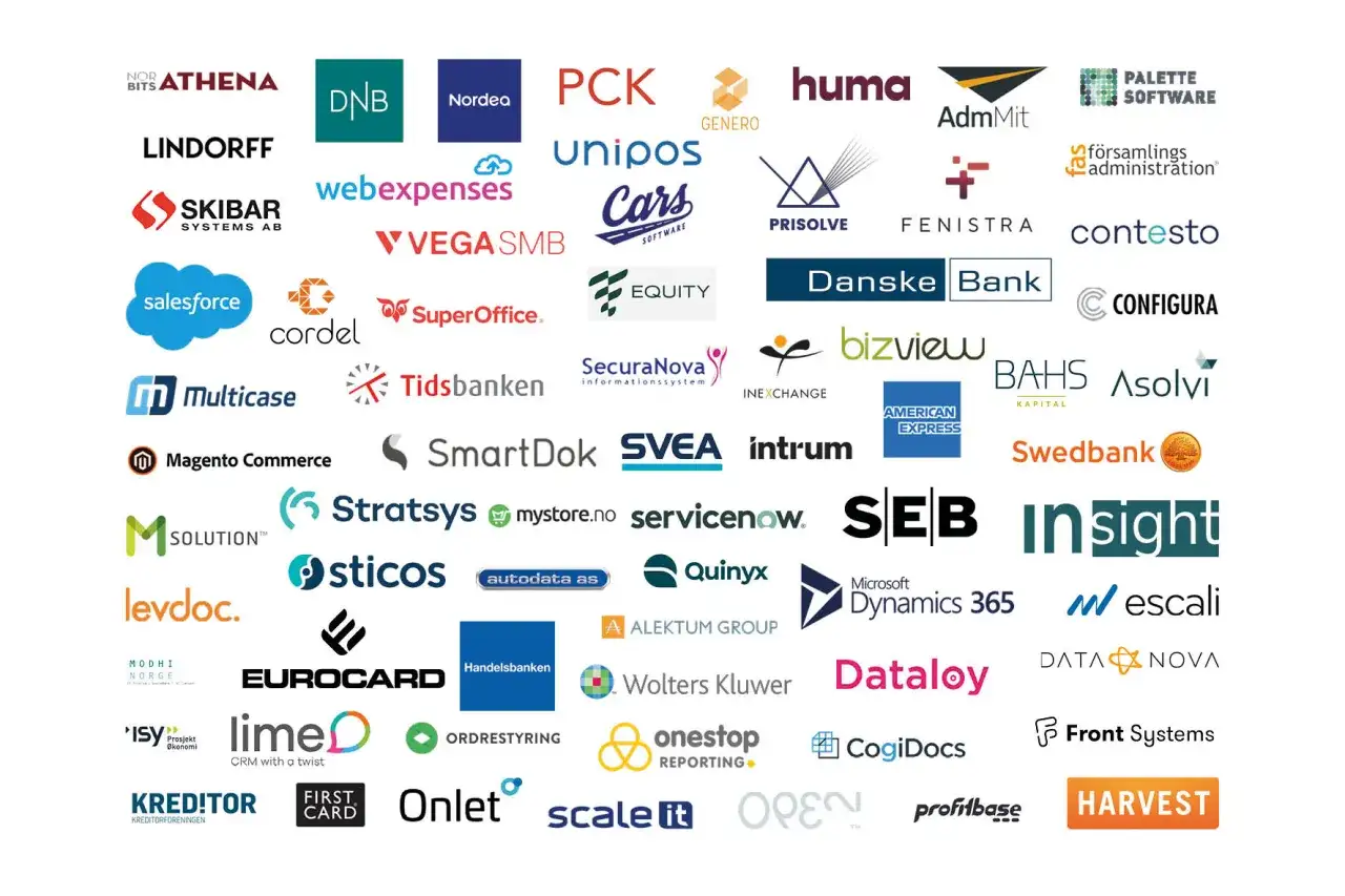 Logotyper fr&aring;n olika f&ouml;retag inom aff&auml;rssystem och IT-l&ouml;sningar.