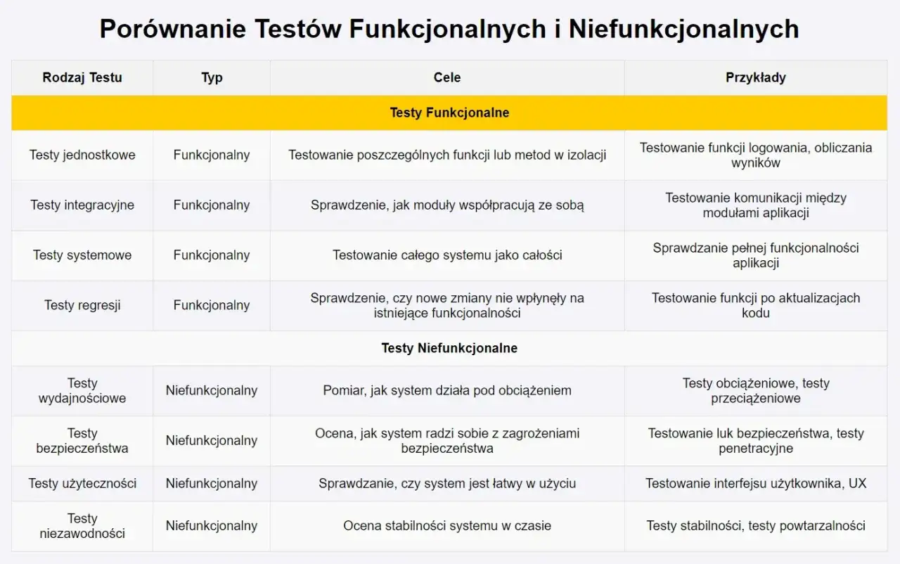 Tabela por&oacute;wnująca testy funkcjonalne i niefunkcjonalne. R&oacute;żnice między test plan a test strategy w praktyce.