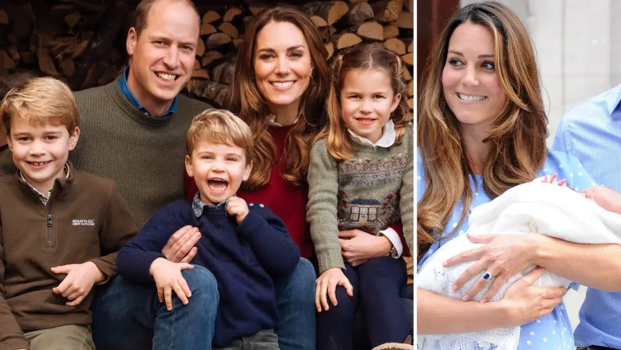 Prins William med sina barn, George, Charlotte och Louis, samt Kate som håller ett spädbarn.