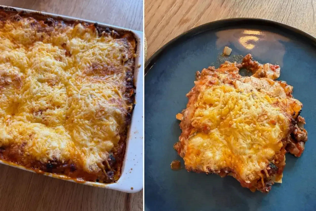 Frisch gebackene Lasagne mit goldbraun überbackener Käseschicht. Die Frage
