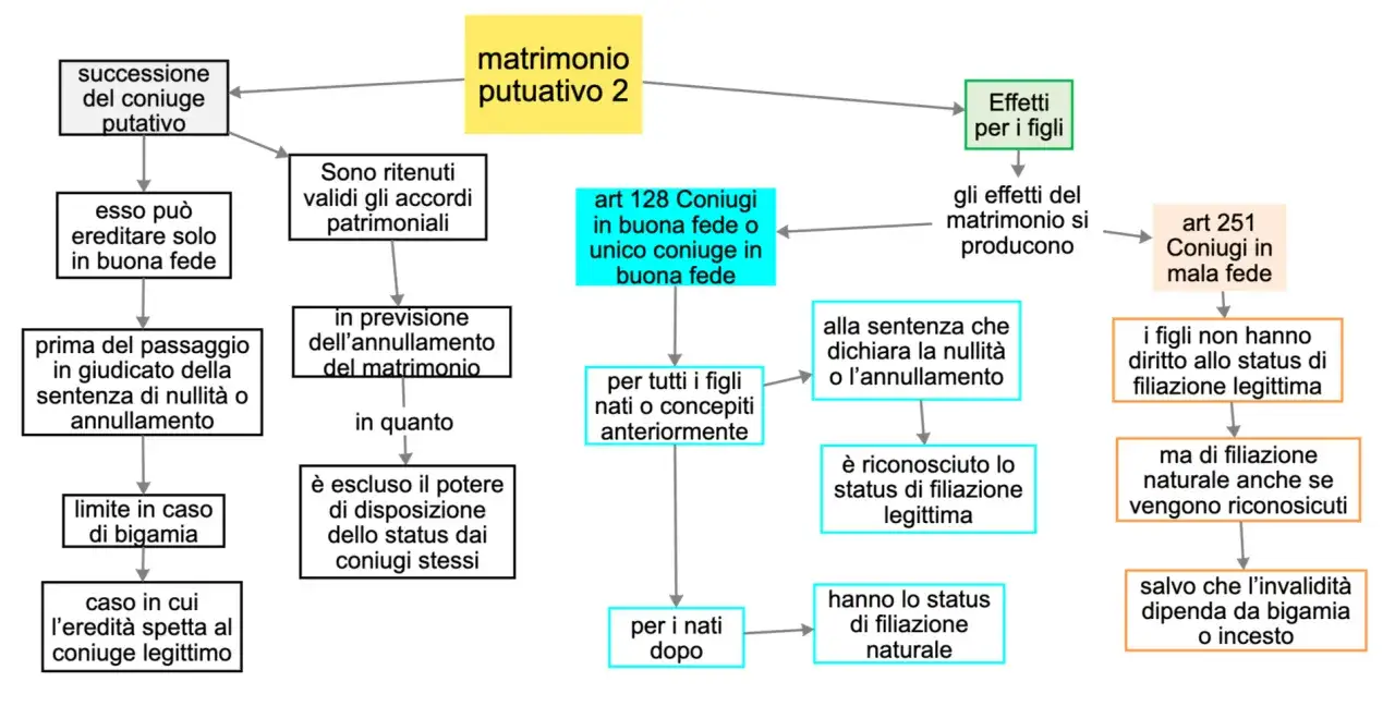 Diagramma sul matrimonio putativo, con il suo significato e gli effetti sui figli, distinguendo tra buona fede e mala fede.