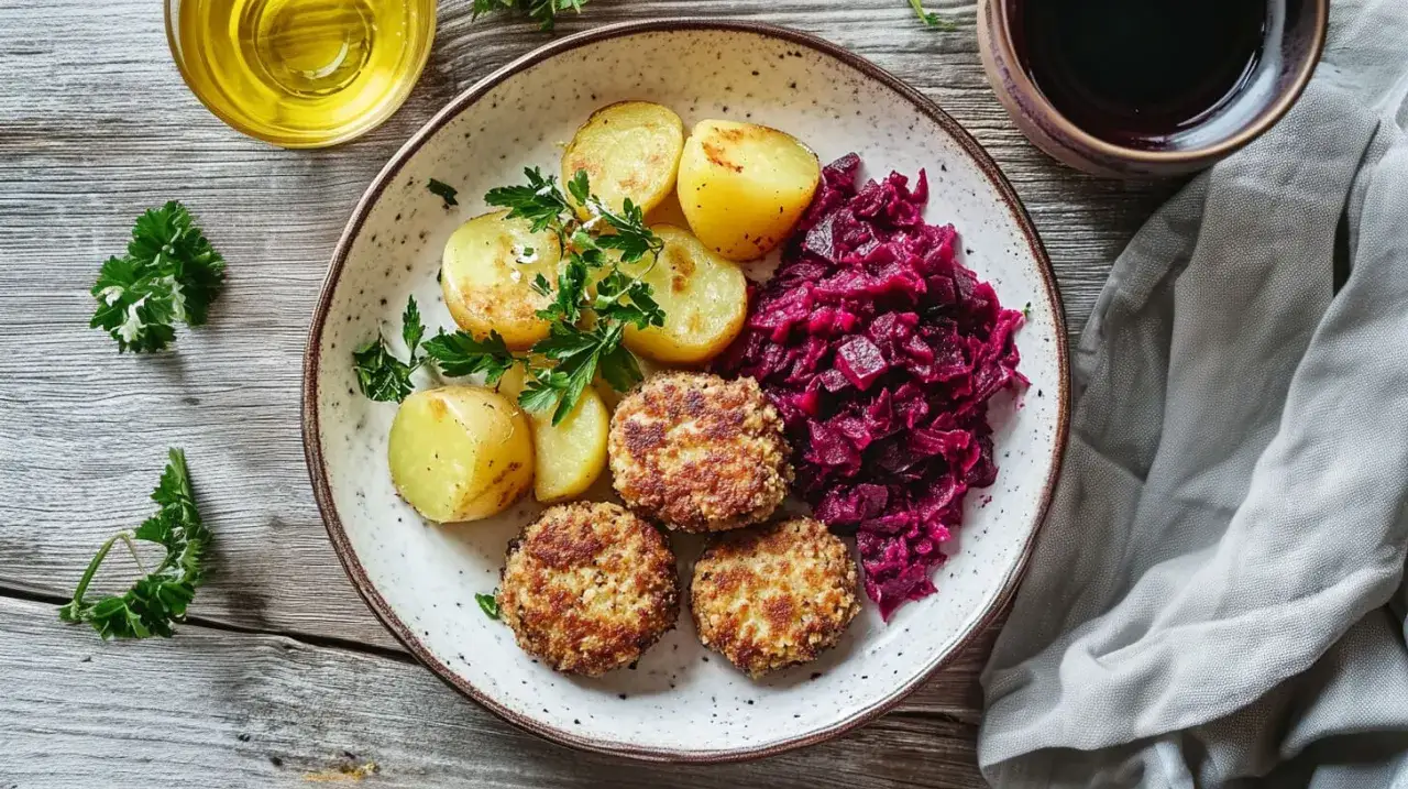 Na talerzu kotlety mielone bez jajka, ziemniaczki i surówka z czerwonej kapusty.