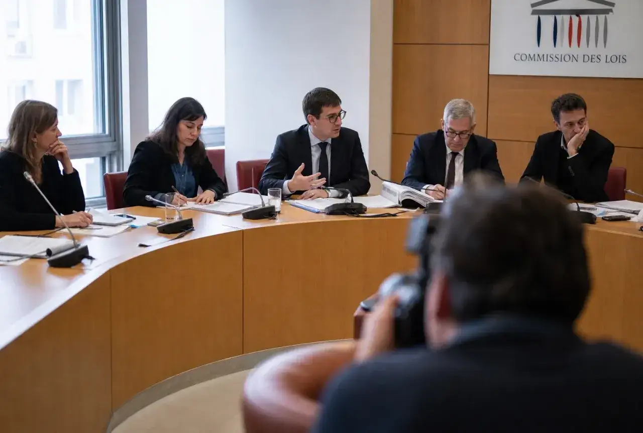 Cinq personnes assises autour d'une table, dont un homme parlant avec animation. La 