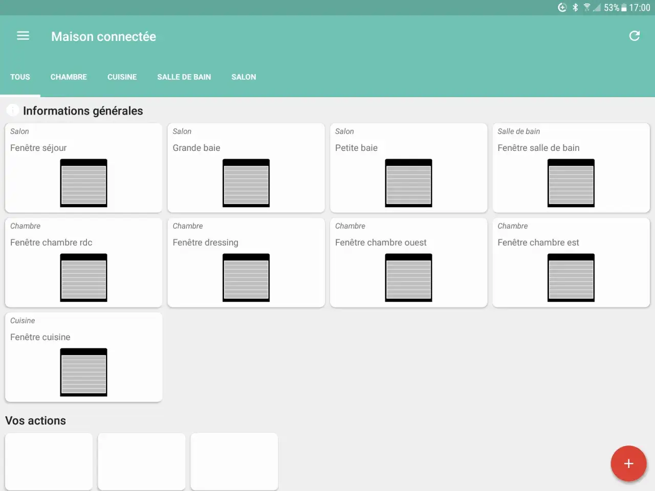 Interface de maison connectée Freebox Delta Somfy, affichant les volets roulants par pièce.