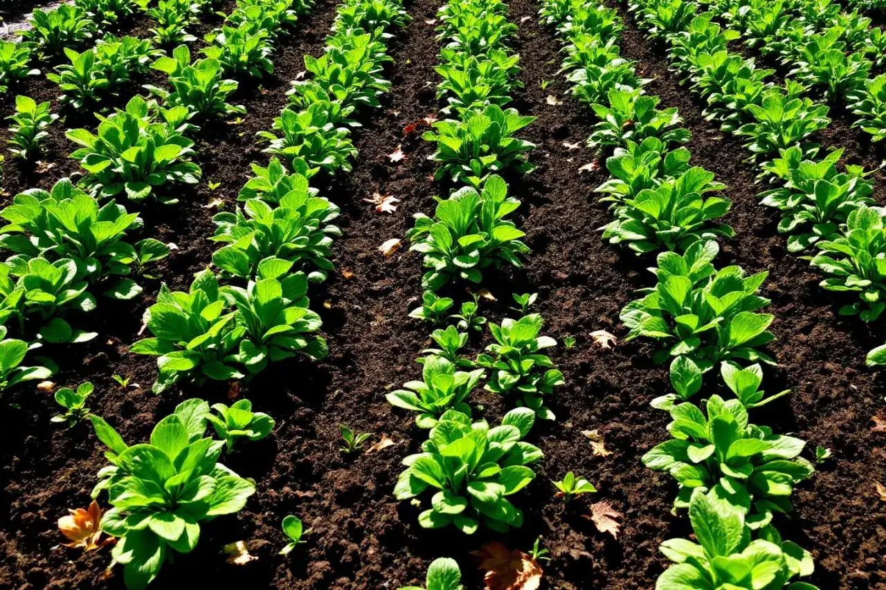 Des jeunes plants de m&acirc;che poussent en rangs serr&eacute;s dans un sol sombre. Une belle illustration de comment semer la m&acirc;che pour une r&eacute;colte abondante.
