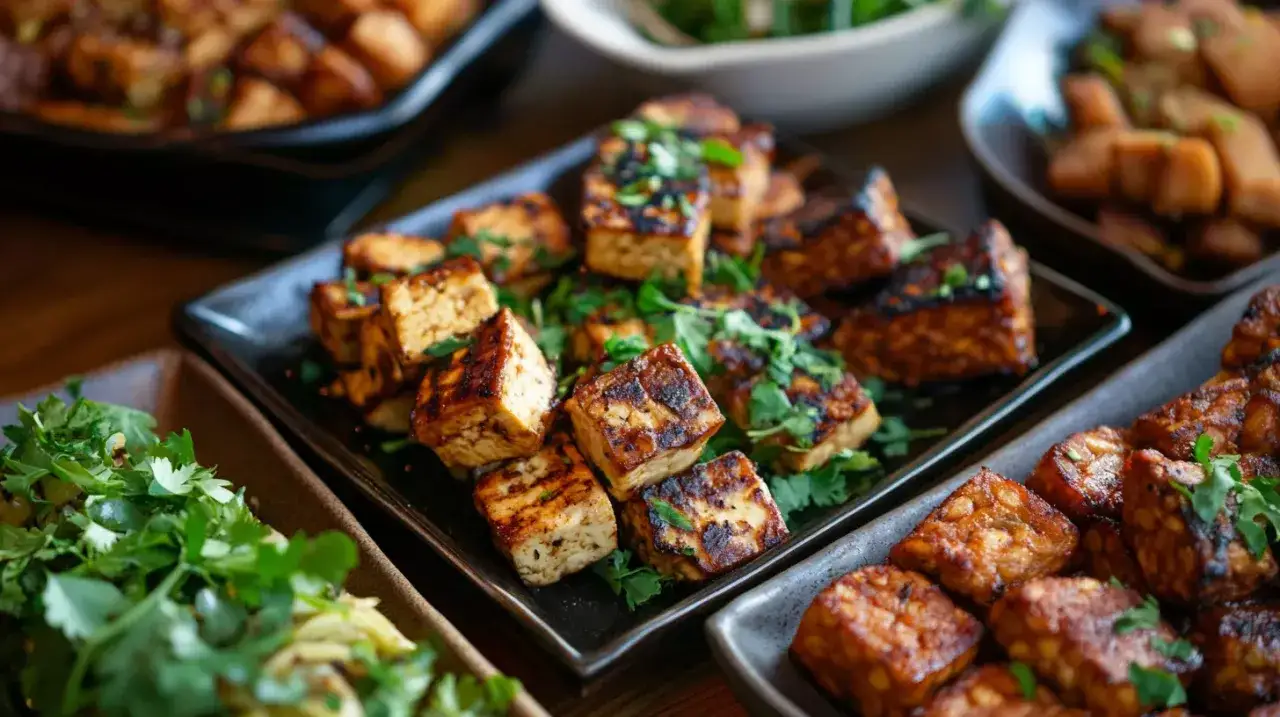 Des cubes de tofu grill&eacute; et du tempeh, parfaits pour remplacer la charcuterie dans la raclette.