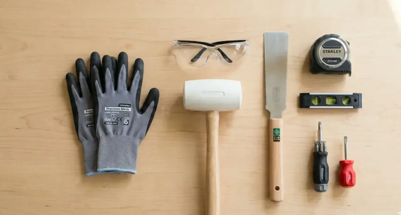 Gants, lunettes, maillet, scie, mètre, niveau et tournevis : tout le nécessaire pour le bricolage maison.