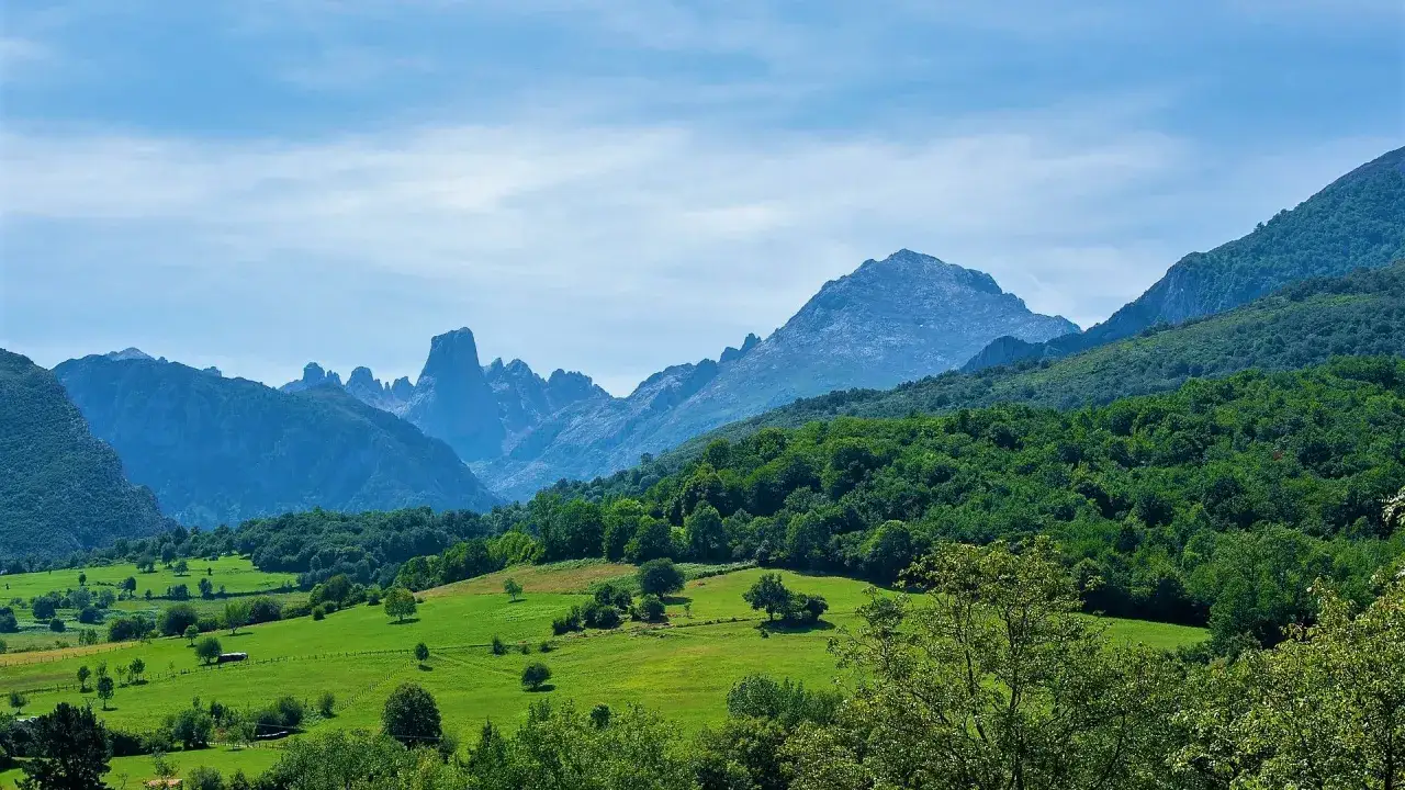 Verdes prados y bosques frondosos se extienden bajo los imponentes picos de Europa, un paisaje idílico para explorar.