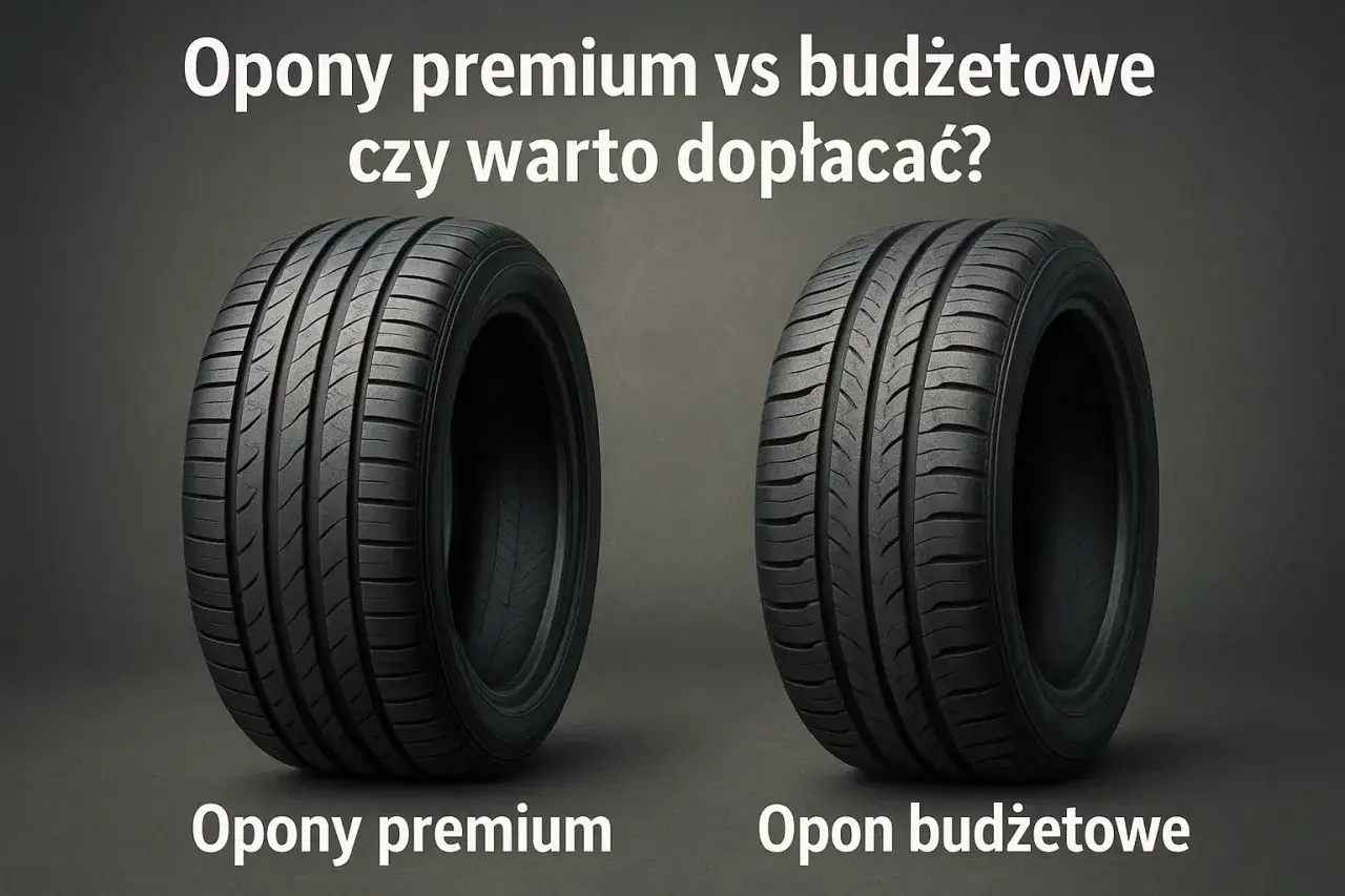 Dwa koła samochodowe: po lewej opona premium, po prawej budżetowa. Porównanie różnych marek opon.
