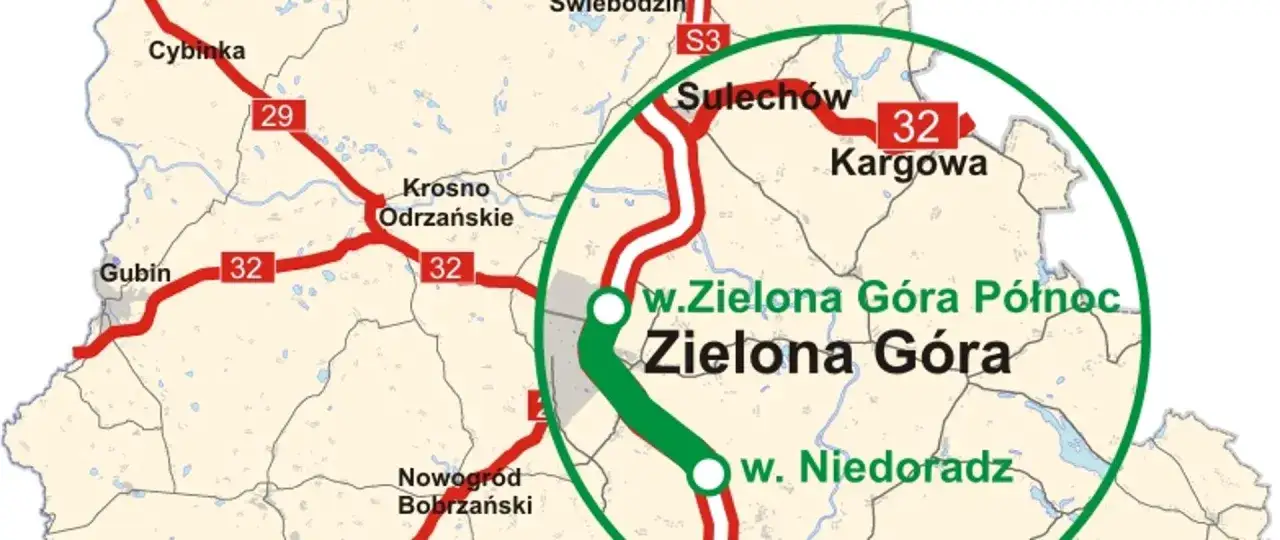 Mapa drogowa z zaznaczonym obszarem Zielona Góra. Widać drogi S3, 29, 32 i miejscowości takie jak Gubin, Sulechów.