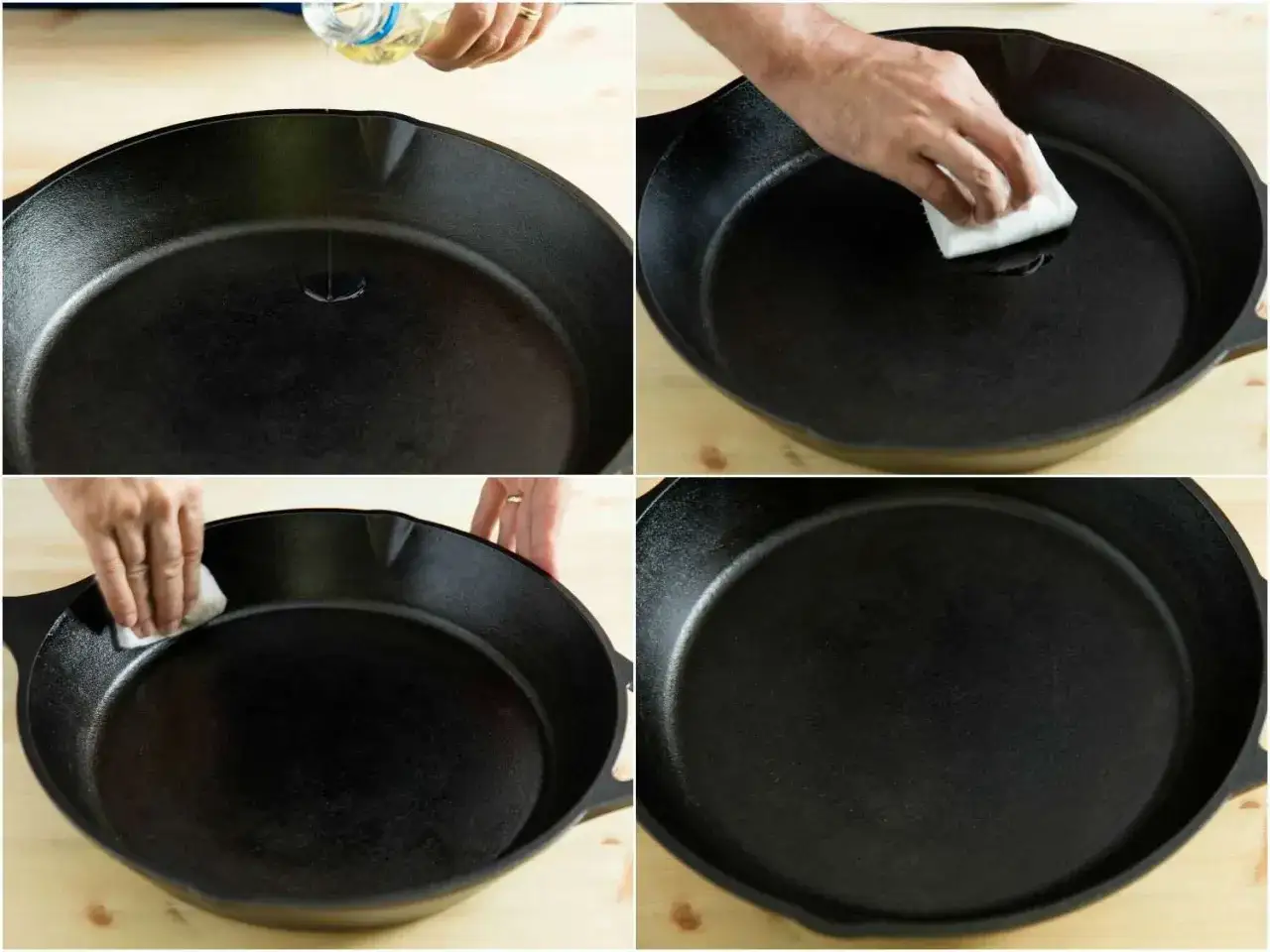 Pasos para curar sart&eacute;n hierro: aplicar aceite, frotar con pa&ntilde;o, cubrir uniformemente.