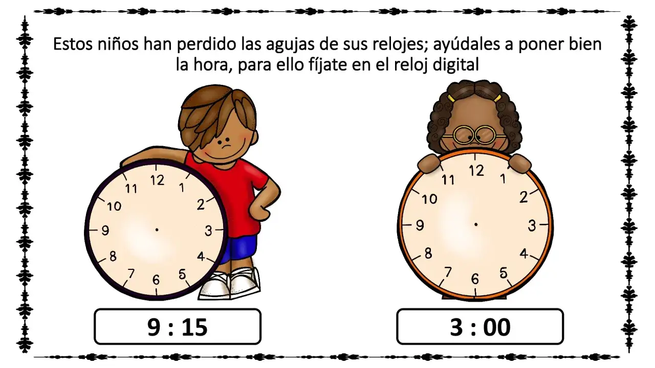 Ni&ntilde;os con relojes sin manecillas. Ayuda a poner las horas correctas, como en el reloj digital.