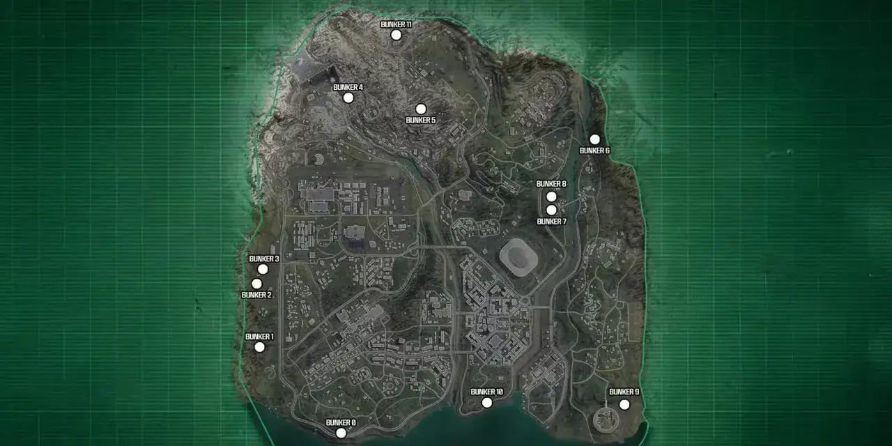 Mapa taktyczna Verdansk z zaznaczonymi bunkrami. Gracze szukają skarbów w tych ukrytych miejscach.