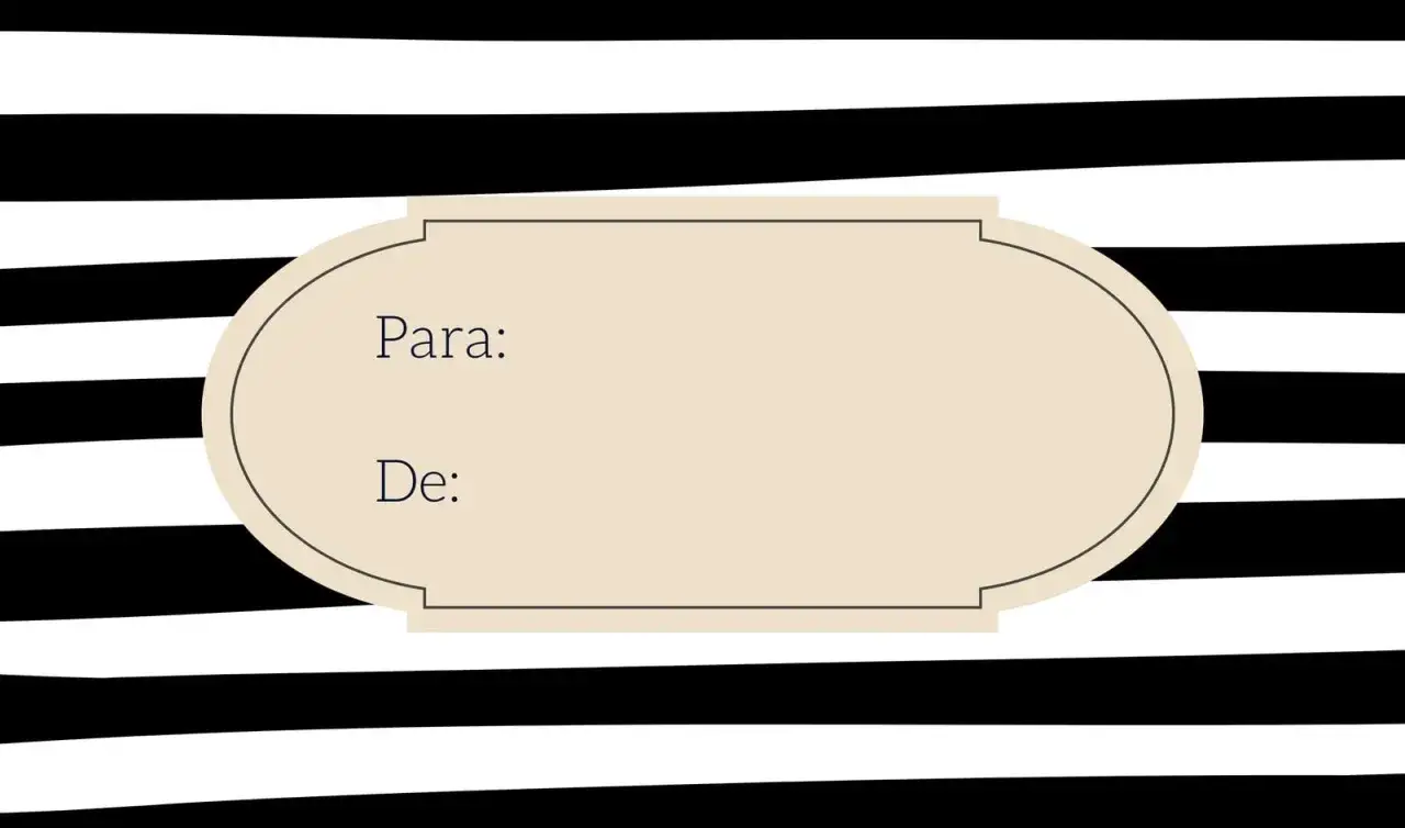 Plantillas etiquetas para regalos para imprimir gratis. Un diseño de rayas negras y blancas con un óvalo beige para escribir