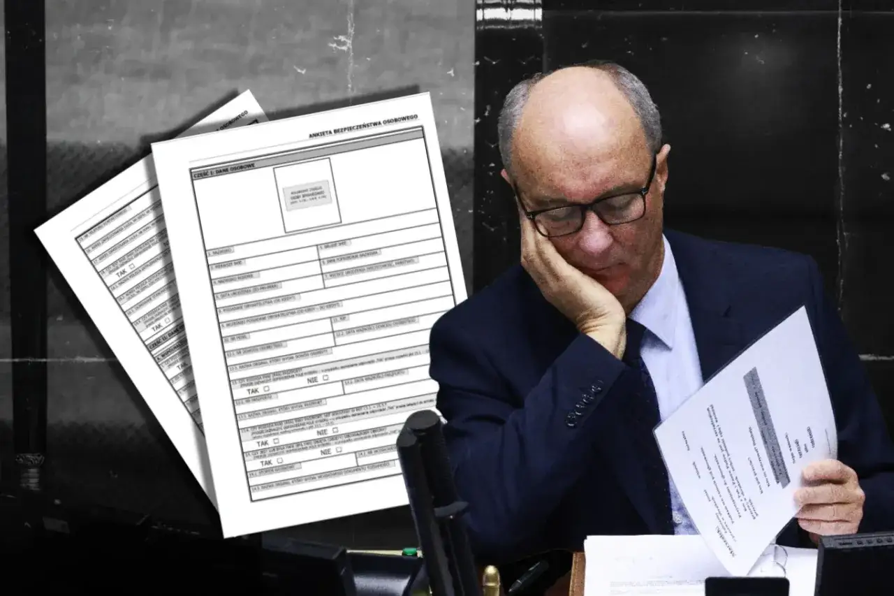 Zmęczony polityk z ręką na policzku, otoczony dokumentami. Może to symbol popełniania błęd&oacute;w w papierkowej robocie.