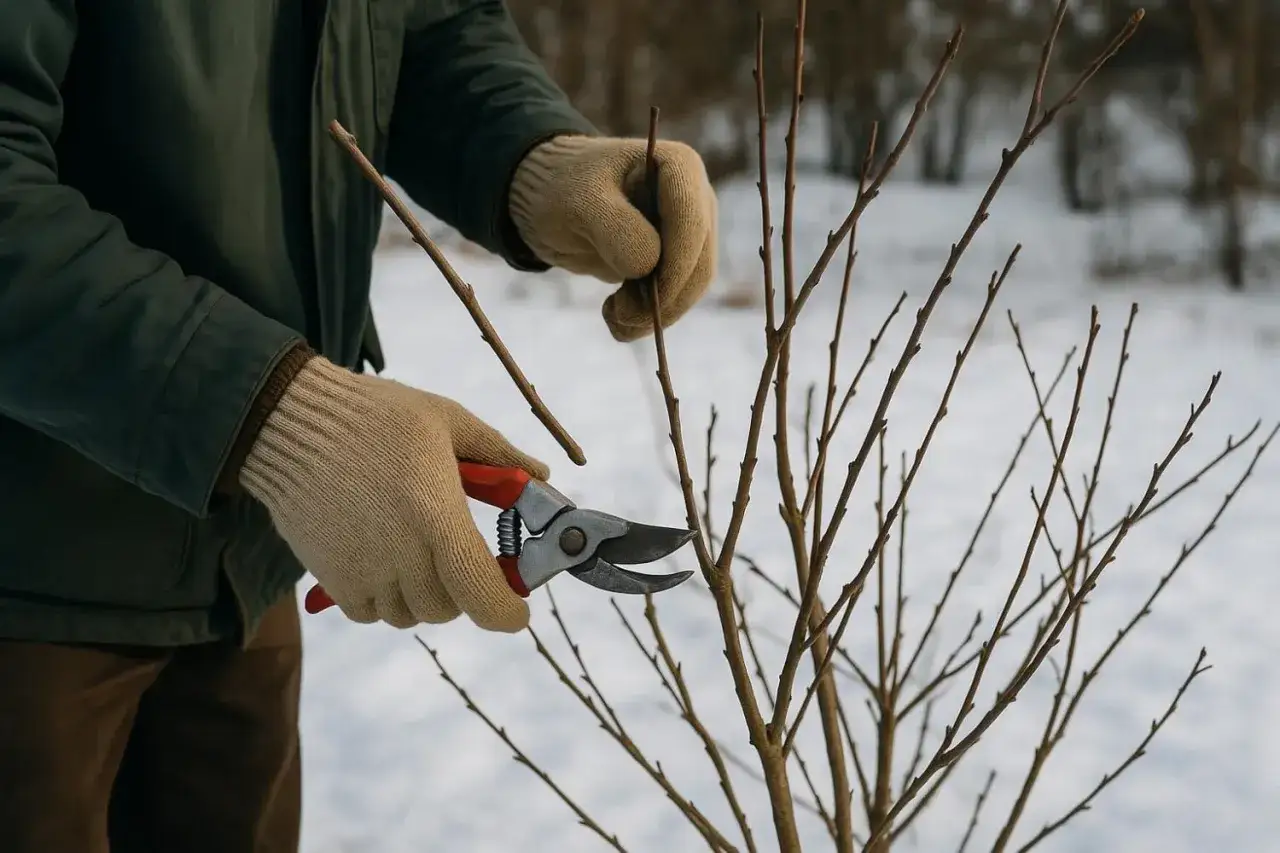 Gants beiges, sécateur rouge et une branche fine pour une bouture de myrtille.