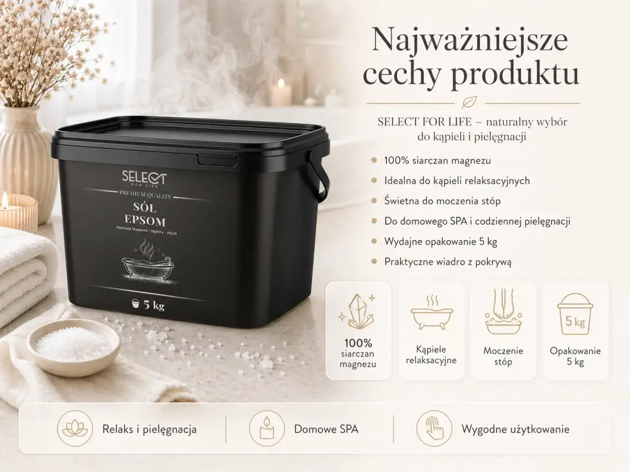 Wiadro soli Epsom 5 kg, idealne do relaksujących kąpieli i odprężającego moczenia stóp. Czysty siarczan magnezu dla domowego SPA.