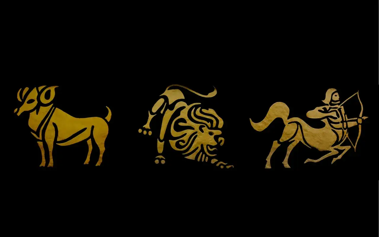 Złote symbole zodiaku: baran, lew i strzelec. Baran jaki żywioł, pełen energii i gotowy do działania.