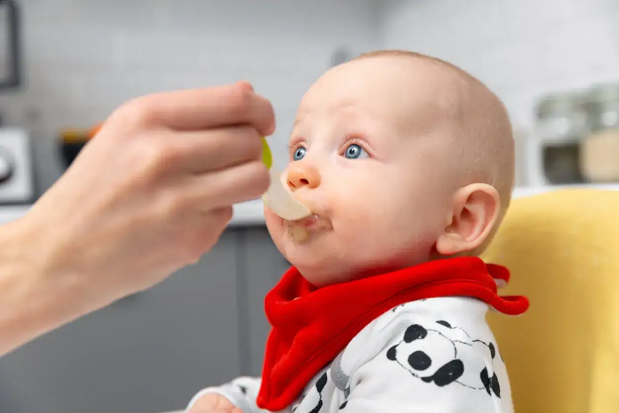 Bebé con ojos azules recibe puré de legumbres bebes con una cuchara.