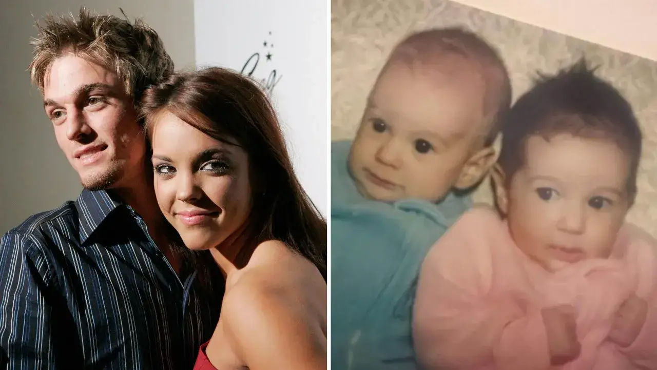 Aaron Carter med sin flickv&auml;n och tv&aring; sm&aring; barn, en i bl&aring;tt och en i rosa.