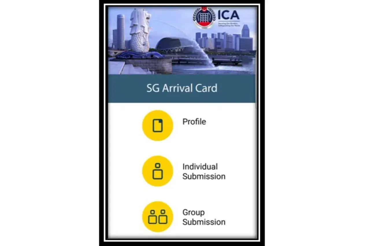 Aplikacja SG Arrival Card do składania wniosków o wizę do Singapuru. Widok zawiera ikonki i opcje: Profil, Indywidualne zgłoszenie, Grupowe zgłoszenie.