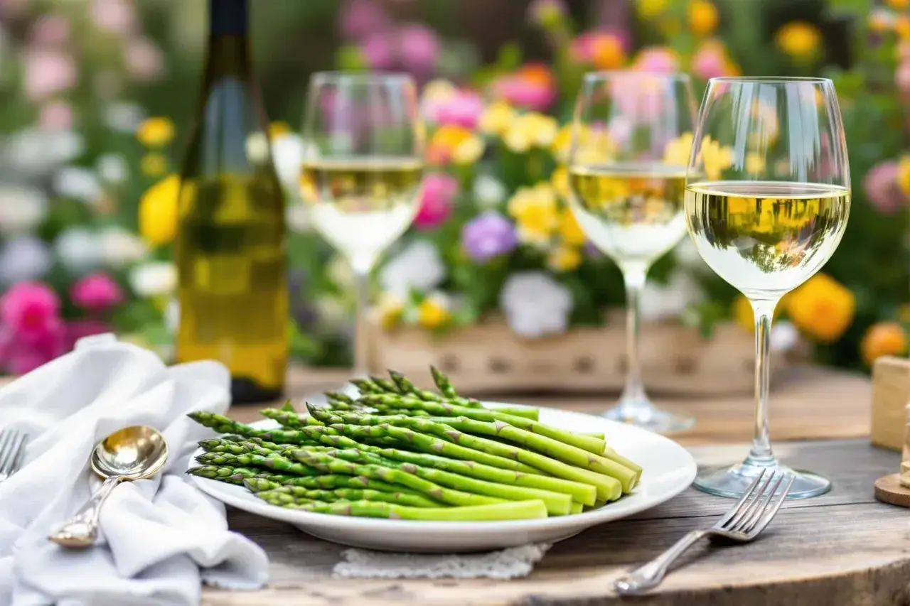 Un plateau d'asperges vertes fraîches, une bouteille de vin blanc et deux verres remplis de vin, sur une table en bois avec des fleurs en arrière-plan. La question quel vin avec asperges trouve ici sa réponse visuelle.