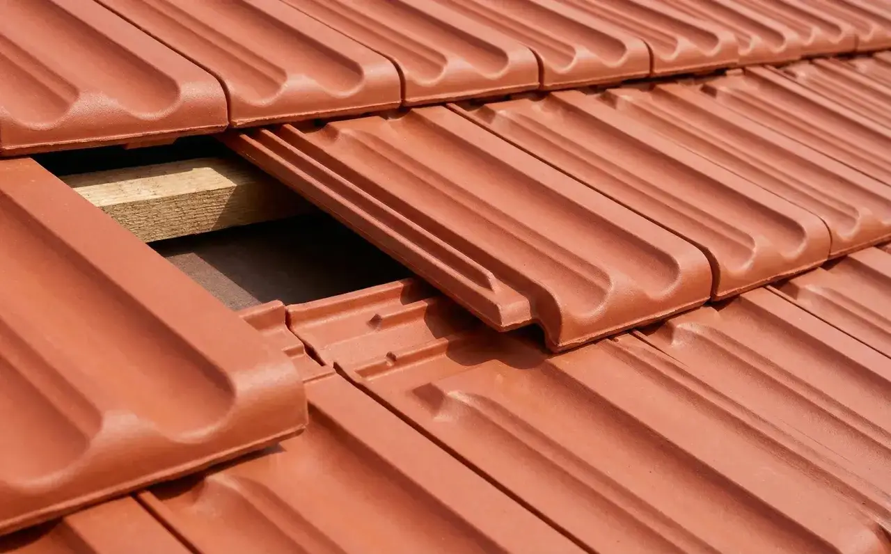 Gros plan sur un toit en tuiles mécaniques de couleur terre cuite, montrant le système d'emboîtement et une latte de bois visible sous une tuile décalée.