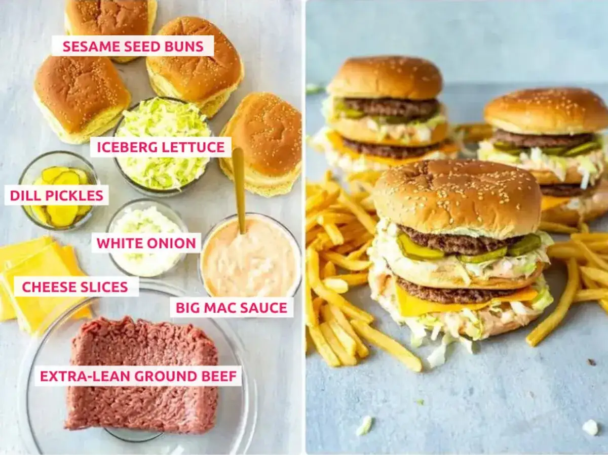 Składniki do domowego big mac przepisu: bułki sezamowe, wołowina, sałata, ogórki, cebula, ser i sos. Gotowe burgery z frytkami.