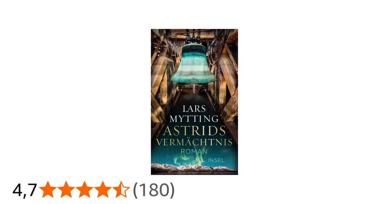 Lars Mytting Trilogie Teil 3: Astrids Vermächtnis. Das Buchcover zeigt eine Glocke im Kirchturm, Nordlichter und Berge.