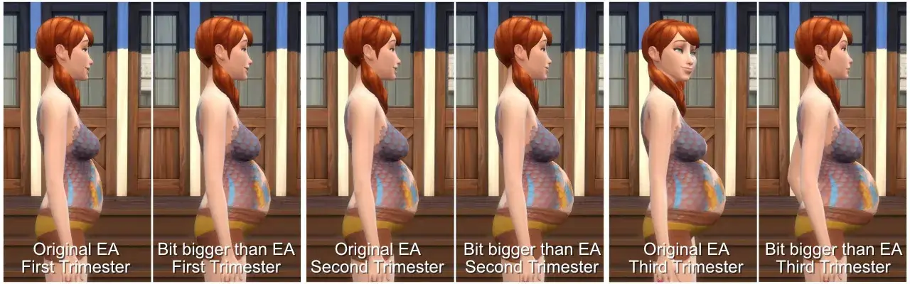 Porównanie wielkości brzucha w The Sims 4: od pierwszego do trzeciego trymestru, z uwzględnieniem modyfikacji.