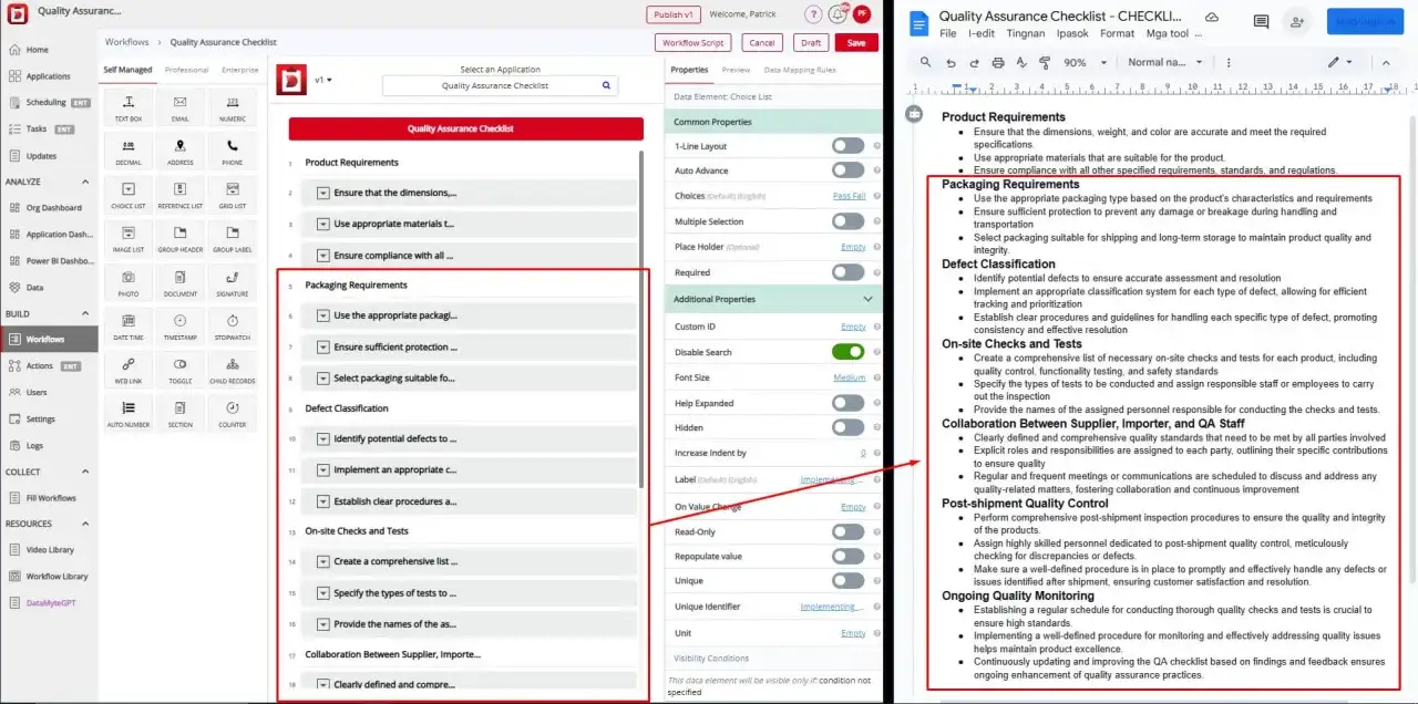 Arkusz kontrolny zawiera sekcje dotyczące wymagań produktowych, pakowania, klasyfikacji wad, kontroli na miejscu, współpracy oraz kontroli po wysyłce.
