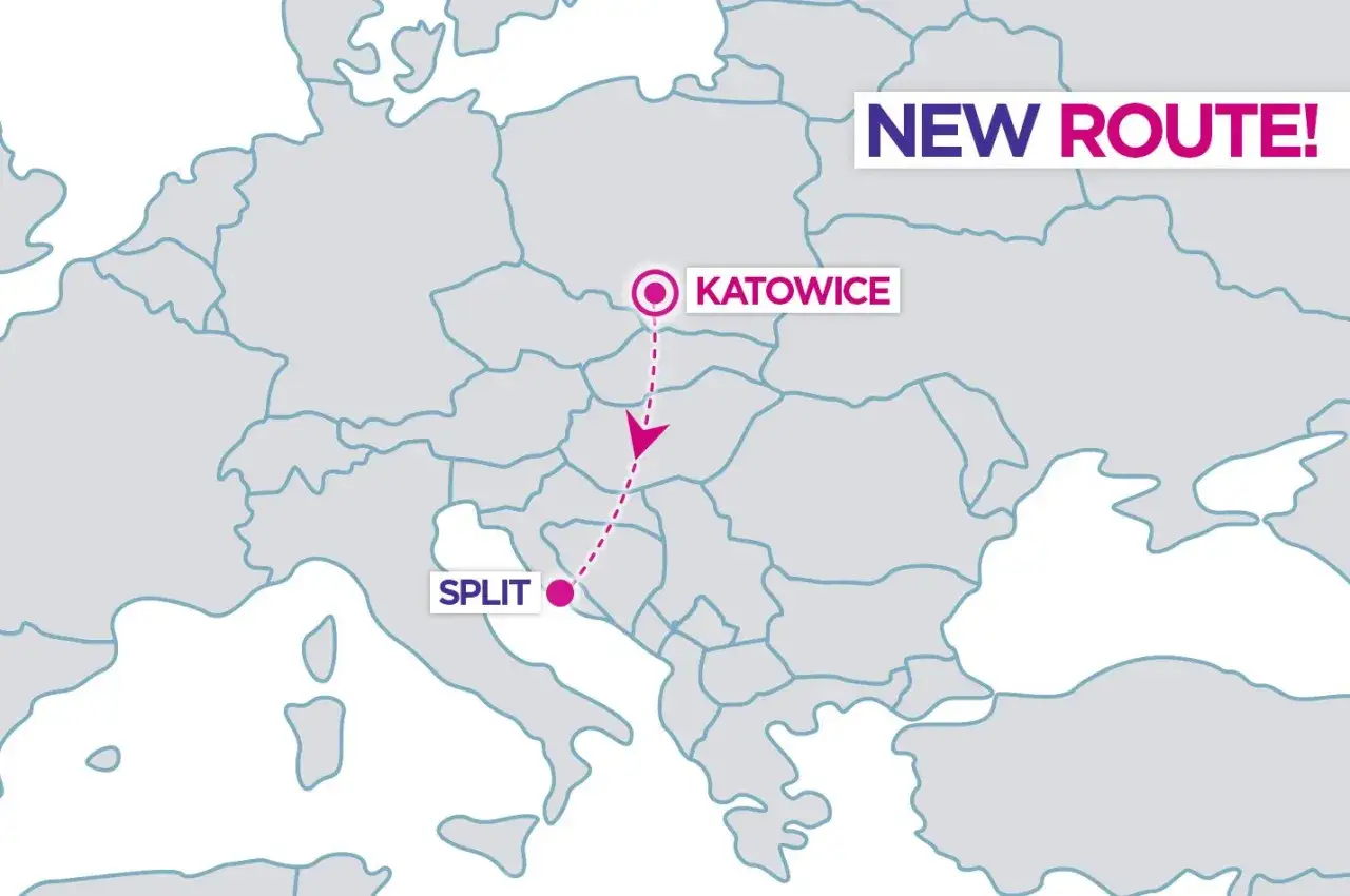 Nowe bezpośrednie loty do Splitu z Polski! Mapa Europy pokazuje trasę z Katowic do Splitu.