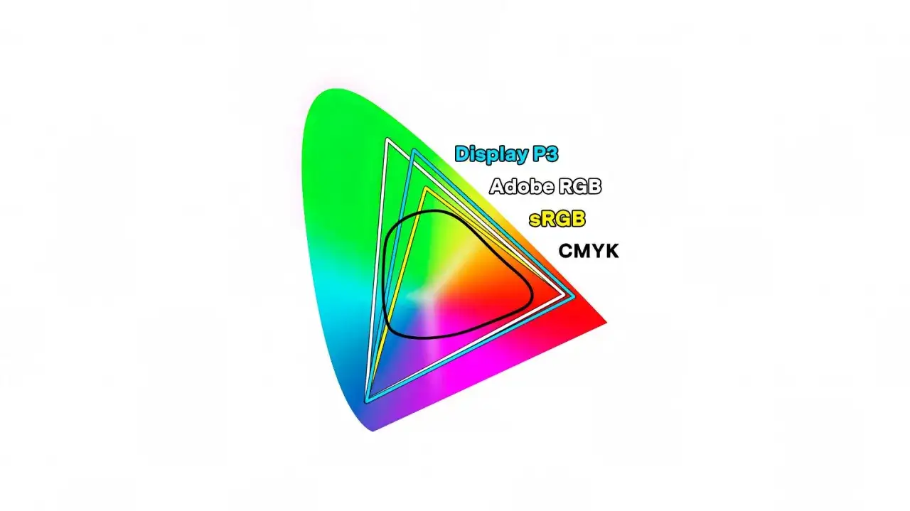 Wykres gamutu barw: Display P3, Adobe RGB, sRGB i CMYK. Różne przestrzenie barw pokazane jako trójkąty wewnątrz większego obszaru.