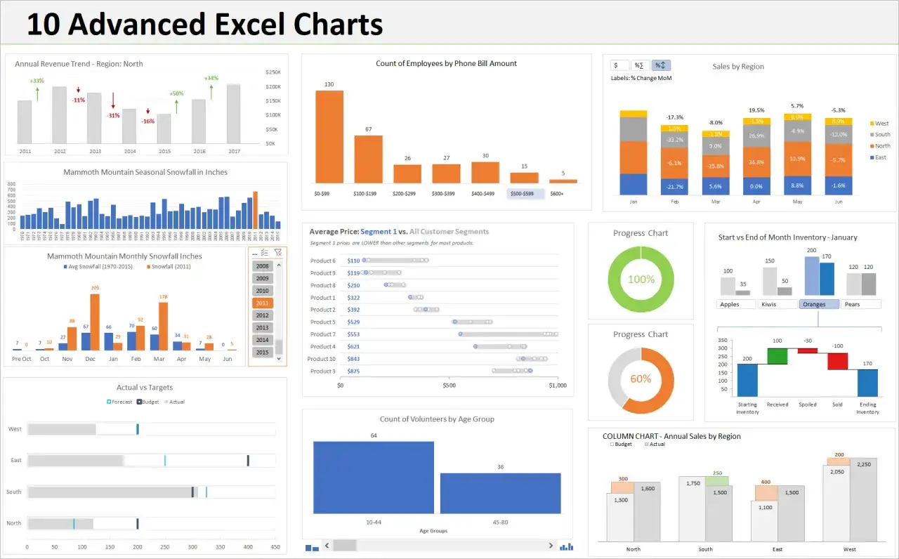 Grafico statistico Excel con trend ricavi, nevicate, vendite e inventario.