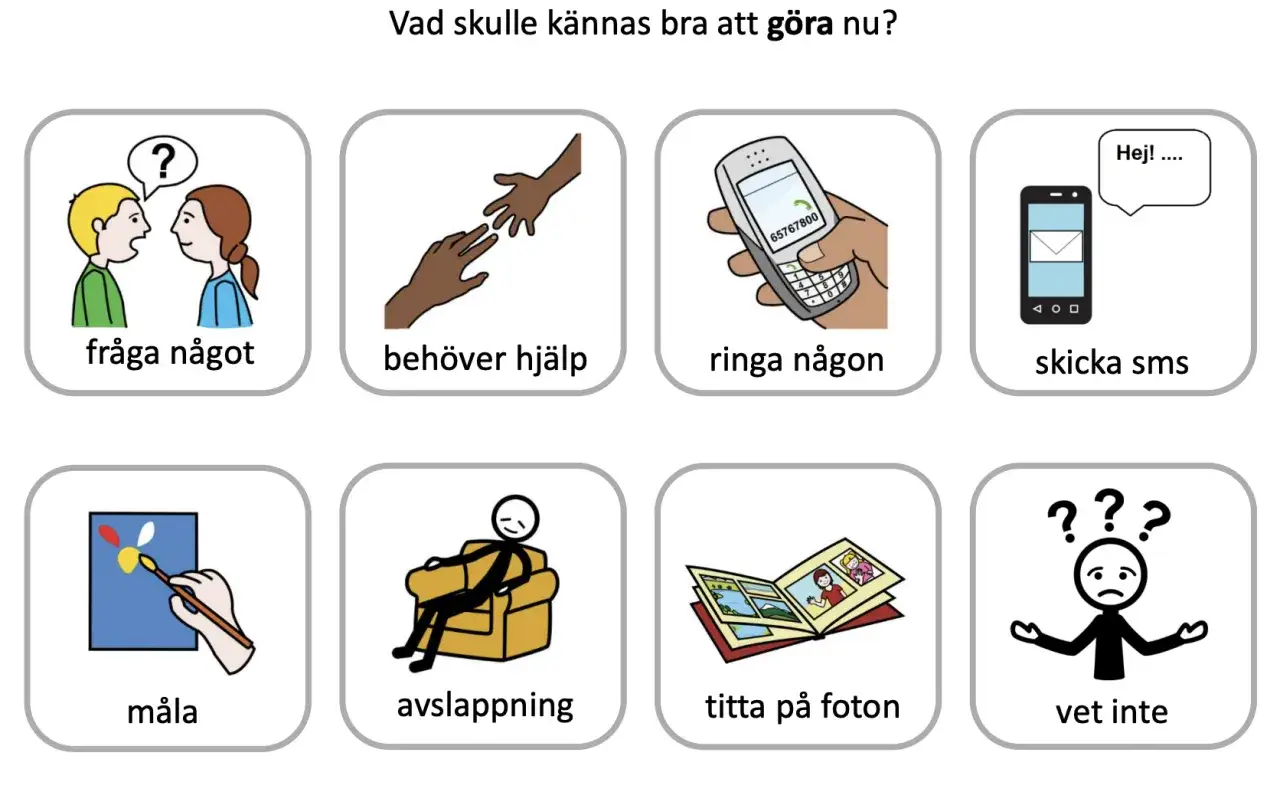 Bilduppgift vår: bilder visar olika aktiviteter som att fråga, be om hjälp, ringa, skicka sms, måla, slappna av, titta på foton eller att inte veta.