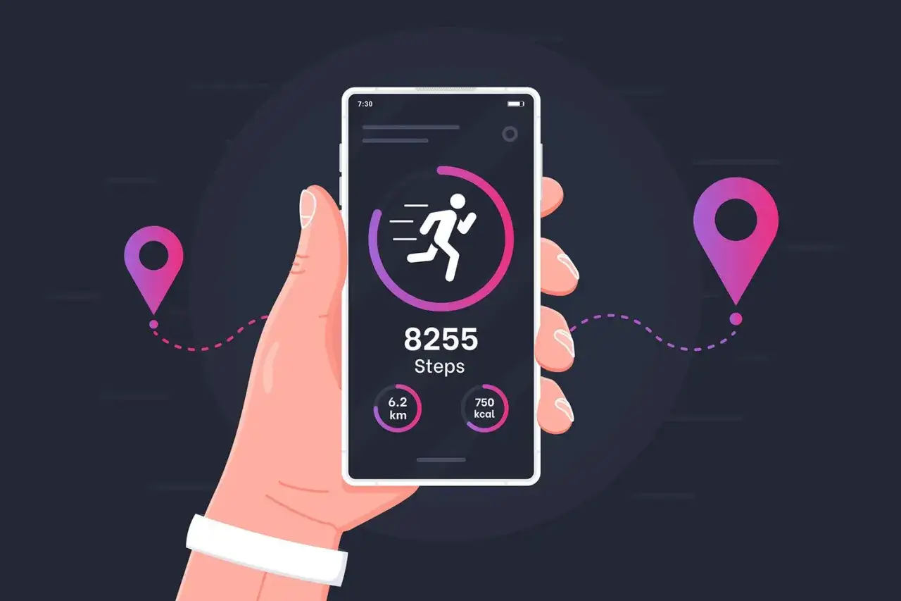 Dłoń trzyma telefon z widocznym krokomierzem w aplikacji: 8255 kroków, 6.2 km, 750 kcal. W tle mapka z punktami.