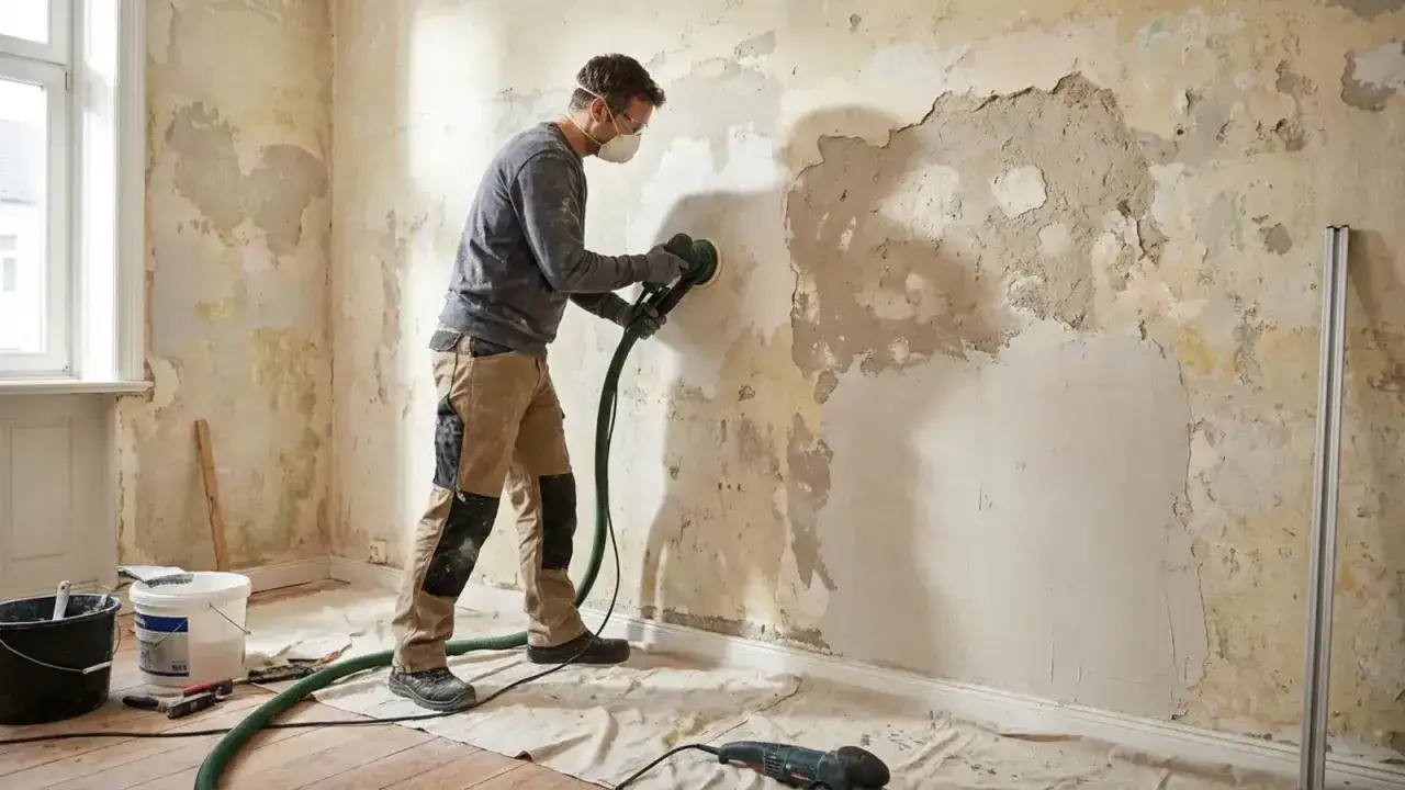 Un ouvrier ponce un mur enduit, attendant le temps séchage enduit lissage avant ponçage.