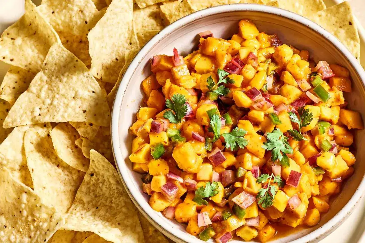 En sk&aring;l med f&auml;rgglad mango salsa, med bitar av mango, r&ouml;dl&ouml;k och jalape&ntilde;o, toppad med koriander. Tortillachips ligger bredvid.