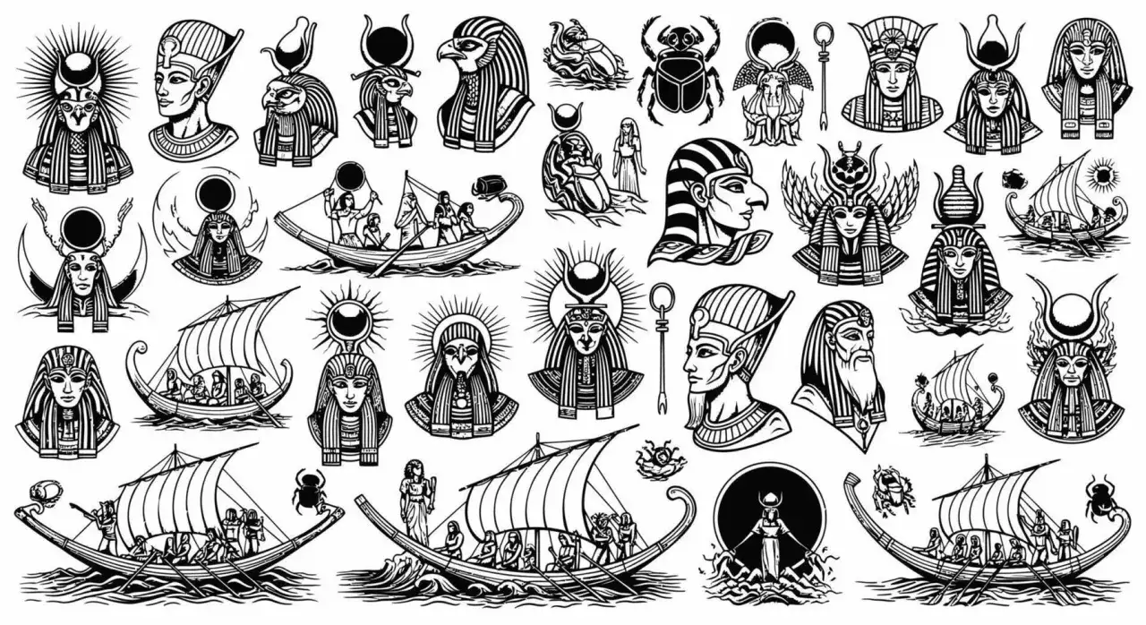 Ilustracje z motywami mitologii egipskiej: bogowie, faraonowie, łodzie i skarabeusze.