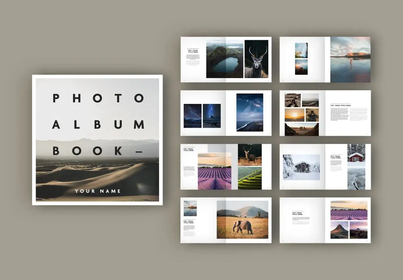 Un progetto di impaginazione per un fotolibro con splendide immagini di paesaggi, animali e natura.