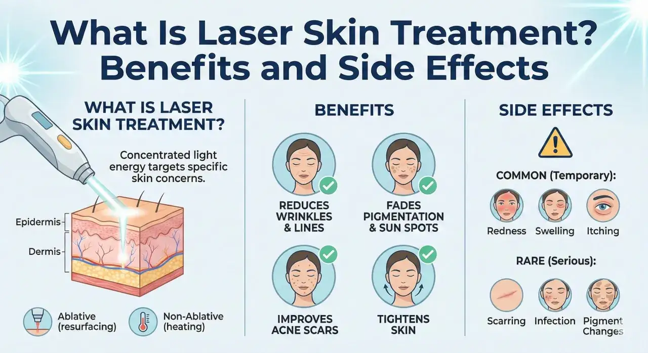 Illustration visar hur fungerar laser vid hudbehandling, med fördelar som minskade rynkor och ärr, samt potentiella biverkningar.