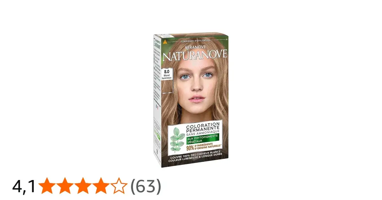 Boîte de coloration Naturanove 8.0 Blond Lumineux. Le modèle arbore une chevelure dorée, un résultat obtenu grâce à ce révélateur patine naturel.