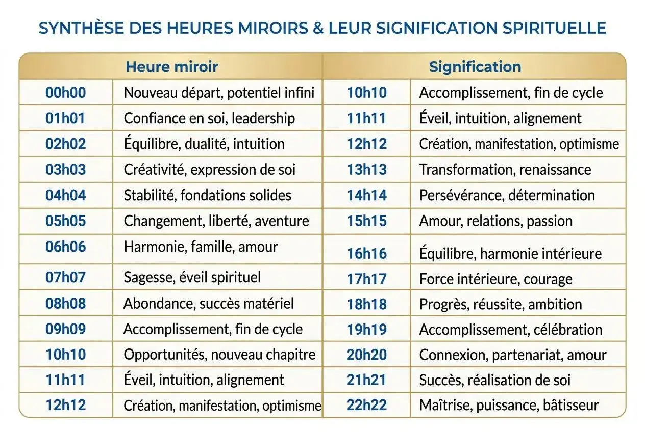 Tableau des heures miroirs et leur signification spirituelle. La 3131 signification, par exemple, est le succès et la réalisation de soi.