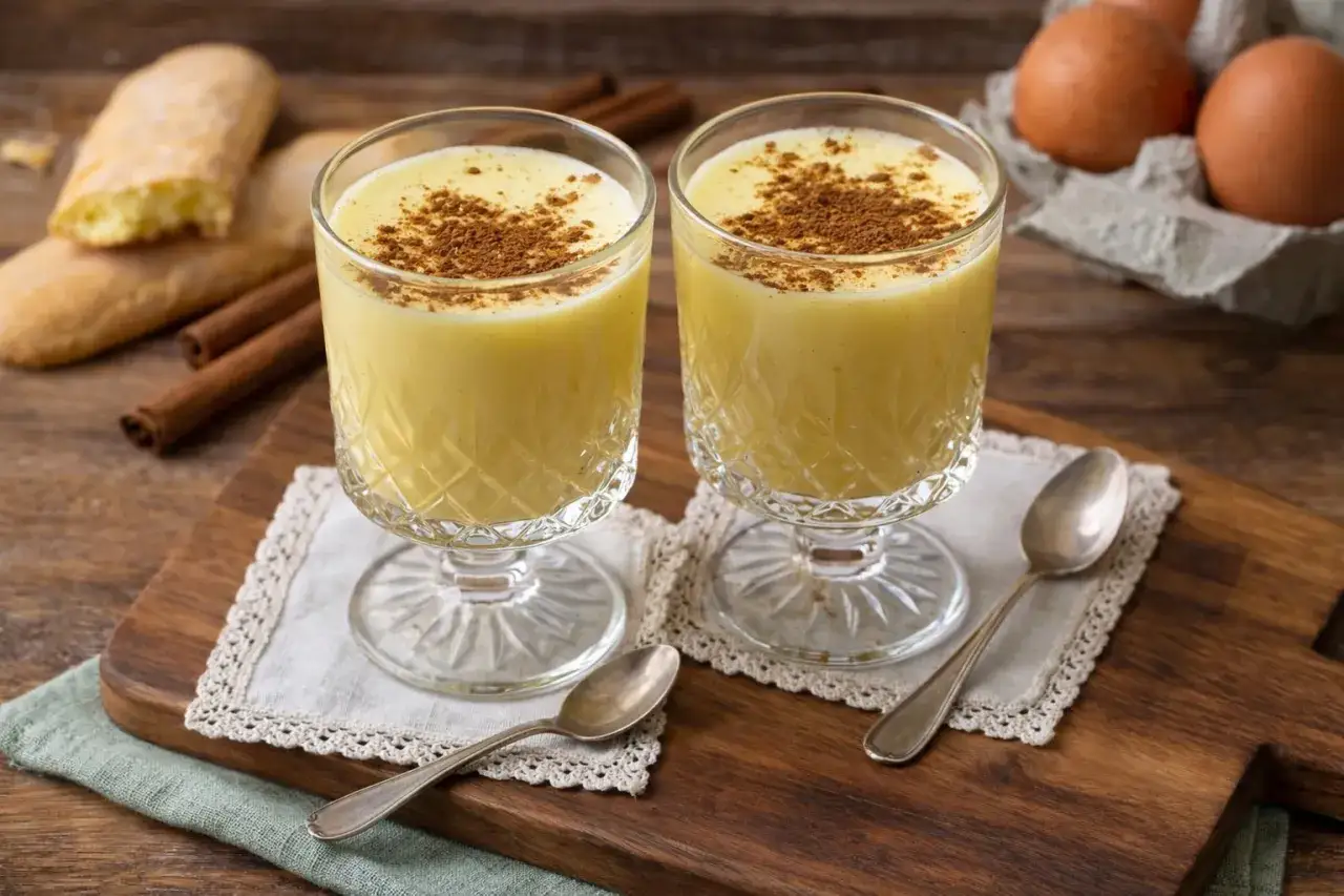 Zwei Gläser cremiger Zabaione ohne Alkohol, bestreut mit Zimt. Dazu Savoiardi-Kekse und Zimtstangen.